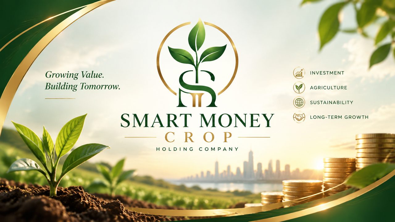 Smart Money Crop banner: a young sprout in rich soil, stacked gold coins and a city skyline at sunrise
